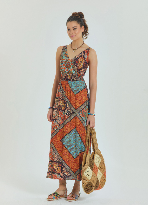 V Neck Robe Coffee Patterned Long Dress 4558